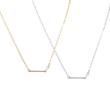 May - Bar and Pearl Necklace - Gold, Silver >>