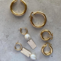 Pearl and Tag Mis-matched Hoop Earrings - Gold, Silver >>