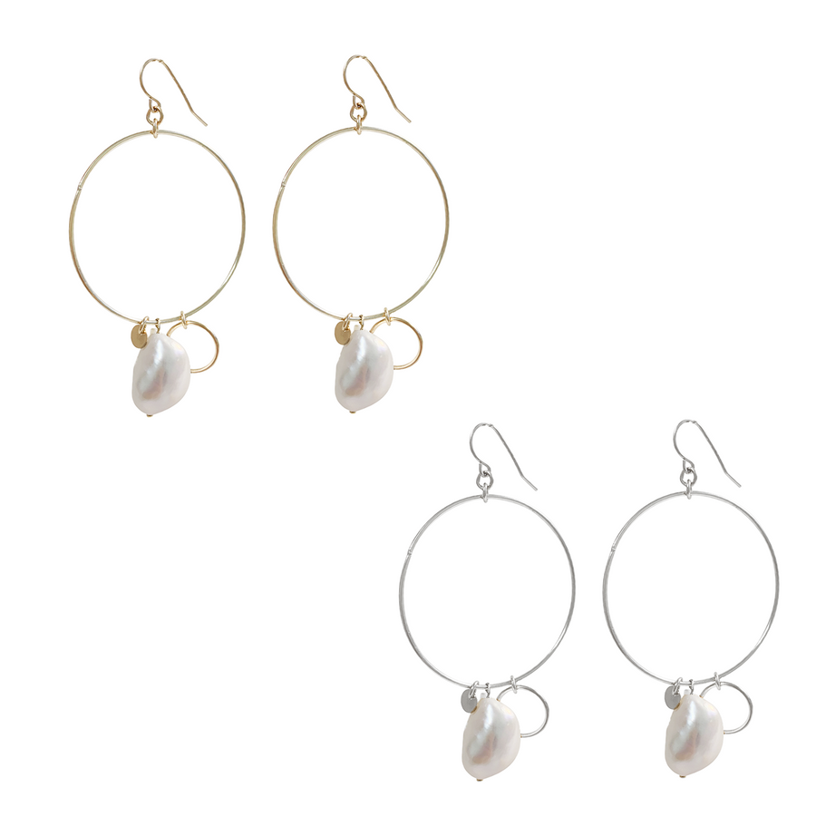 Large Ring and Pearl Earring in Gold and Silver Colors