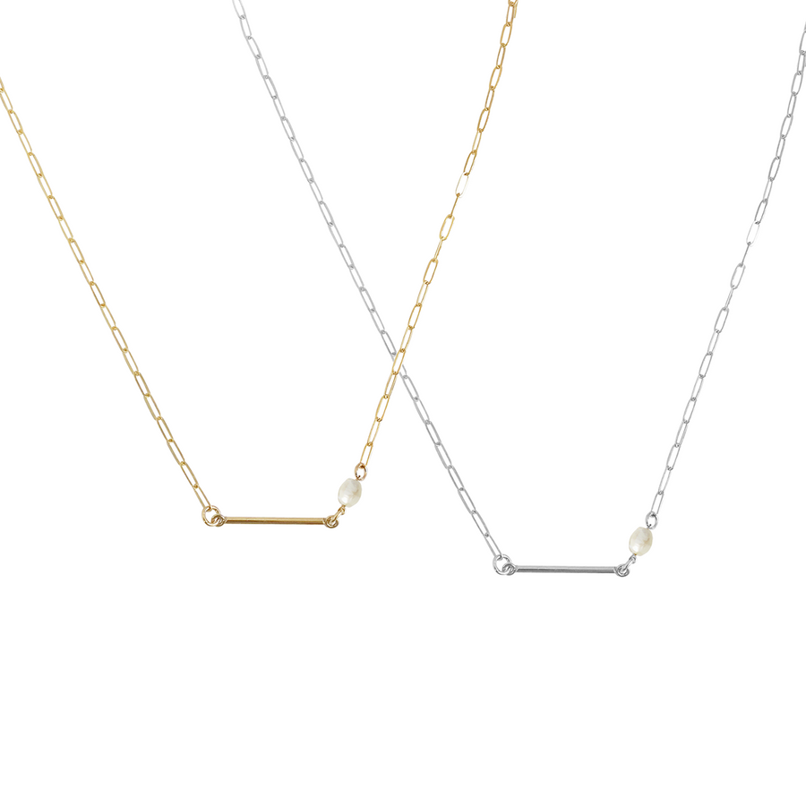 May - Bar and Pearl Necklace - Gold, Silver >>