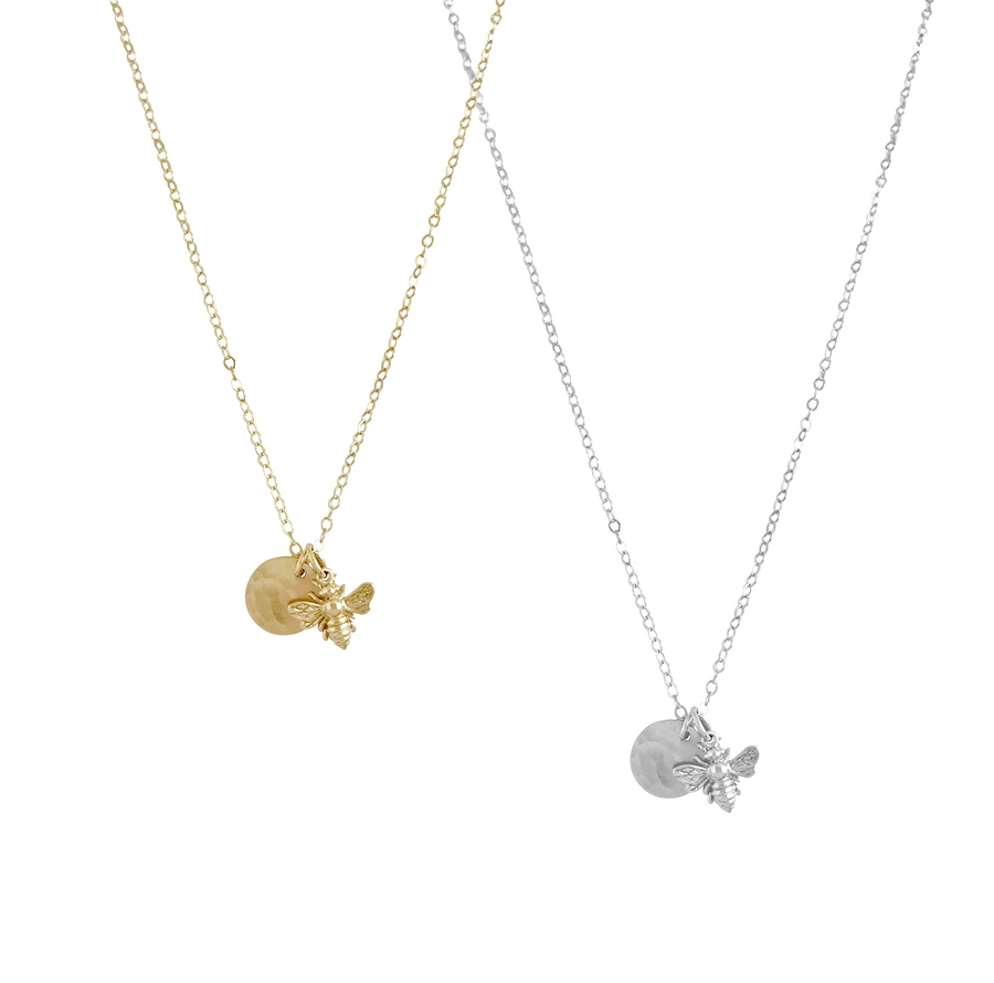 Mini Bee and Disc Necklace in Gold or Silver Colors