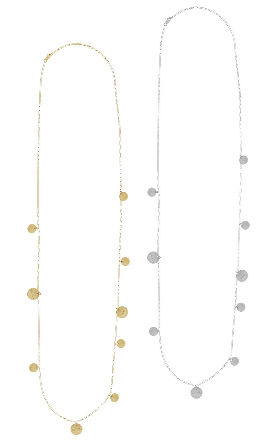 The Cara Long Hammered Disc Necklace in Gold, Silver