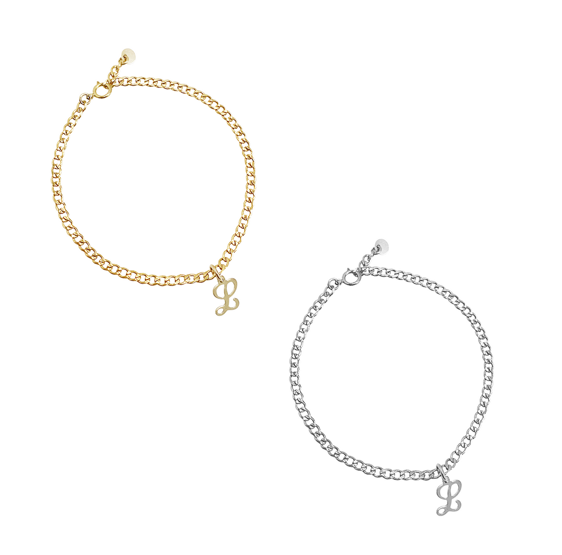 Cuba Chain Bracelet with Initial Charm- Gold, Silver >>