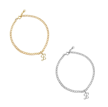 Cuba Chain Bracelet with Initial Charm- Gold, Silver >>