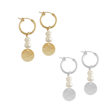 Double Pearl and Classic Disc Earring in Gold, Silver