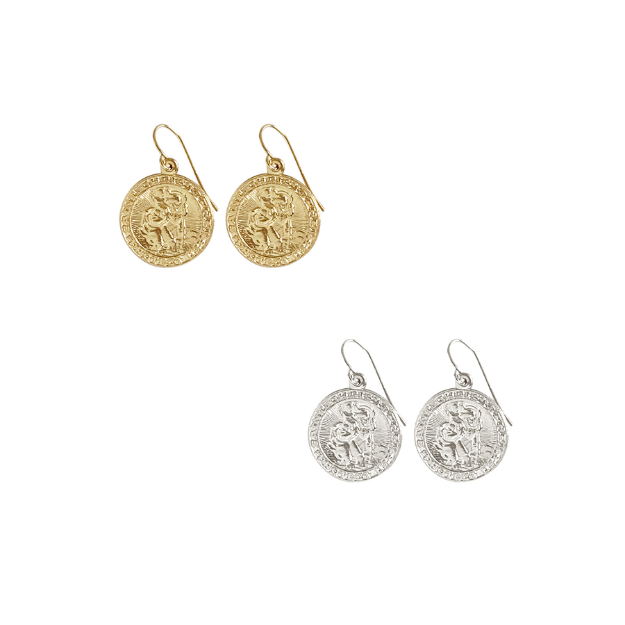 St Christopher Earrings in Gold, Silver Colors