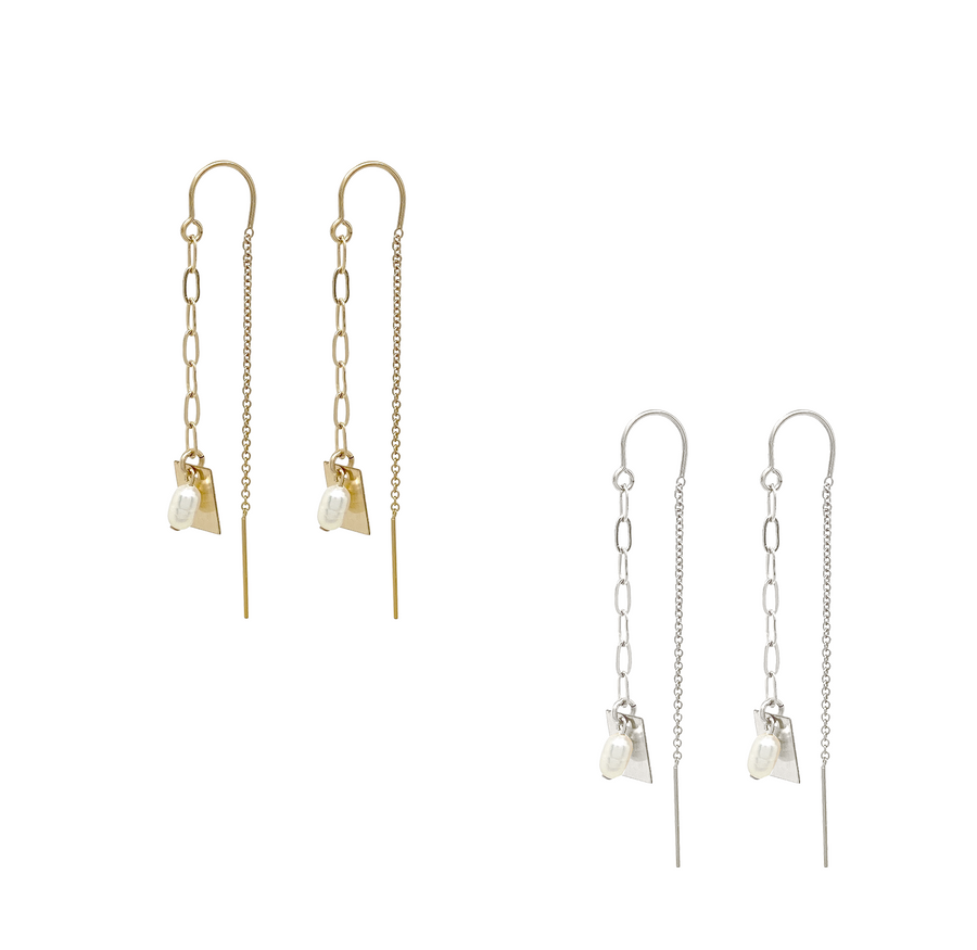 Pearl and Tag Thread Earring - Gold, Silver >>