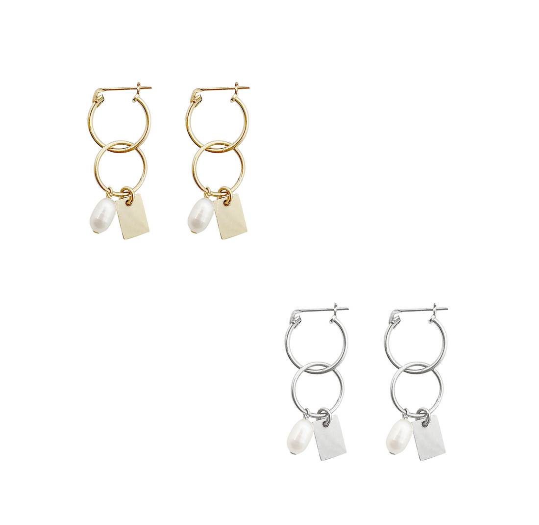 Double Ring Pearl Hoops - Gold, Silver >>