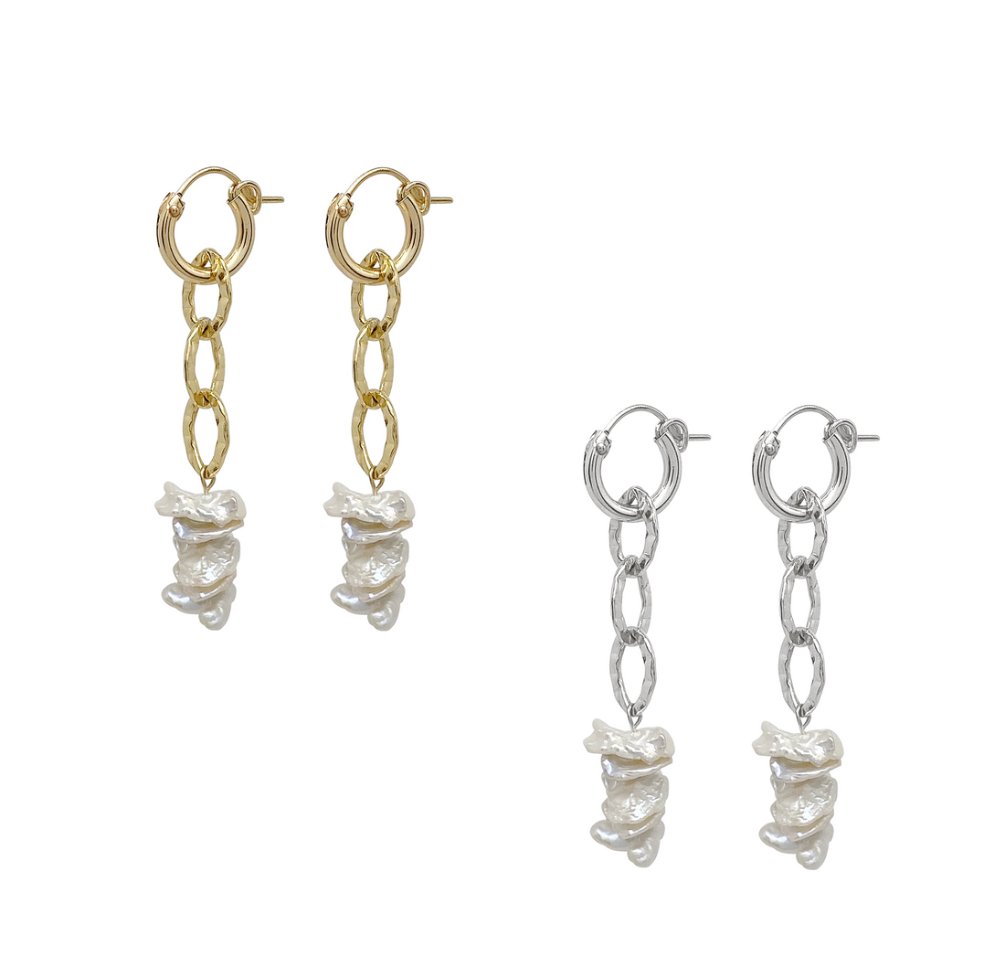 Paris Chain Pearl Earring - Gold, Silver >>