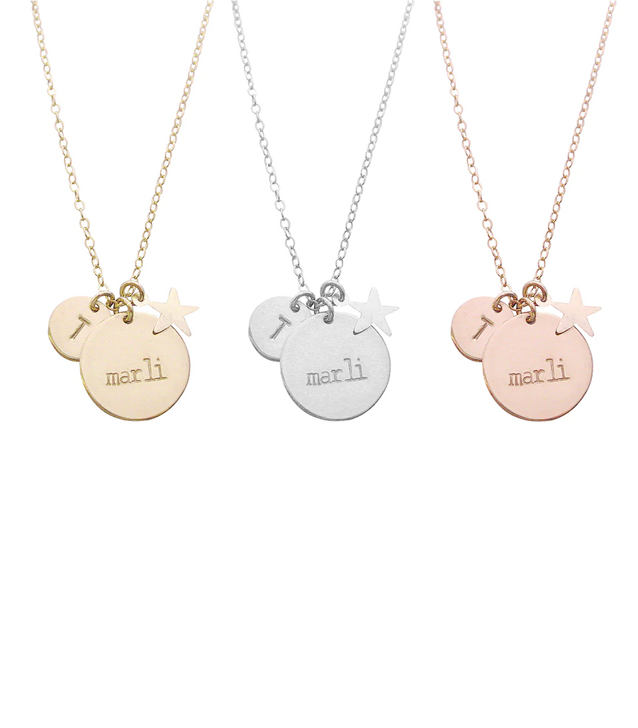Marli Necklace- Double Disc and Star Charm - Gold, Silver, Rose >>