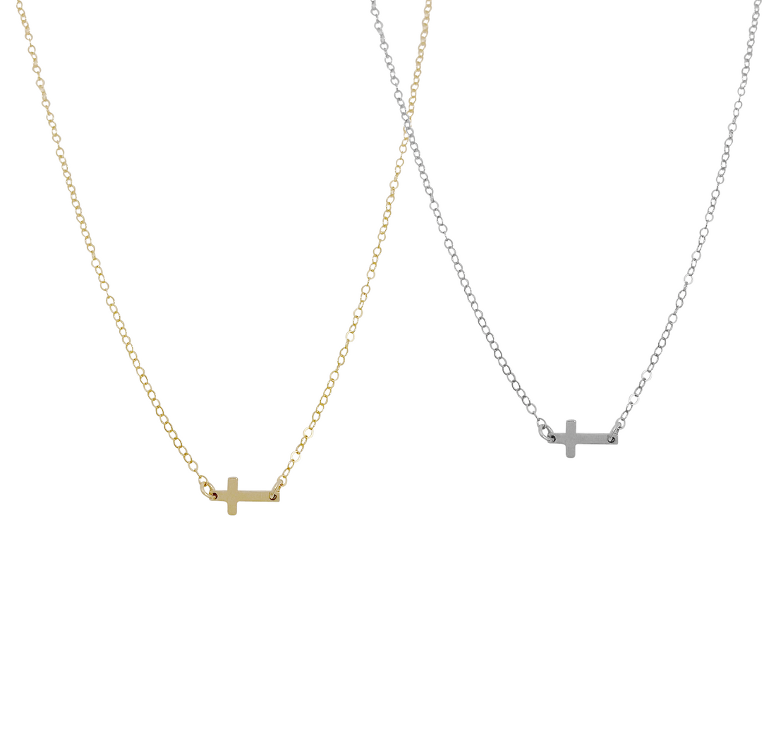 Mini Side Cross Necklace - Gold, Silver >>