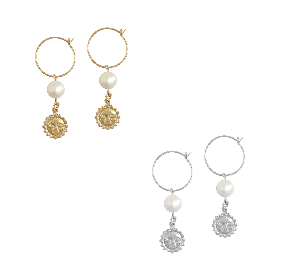 Pearl and Sun Charm Earring in Gold, Silver Colors