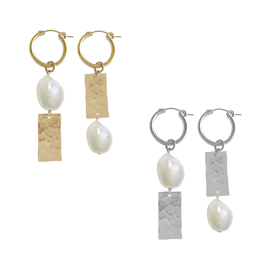 Pearl and Tag Mis-matched Hoop Earrings - Gold, Silver >>