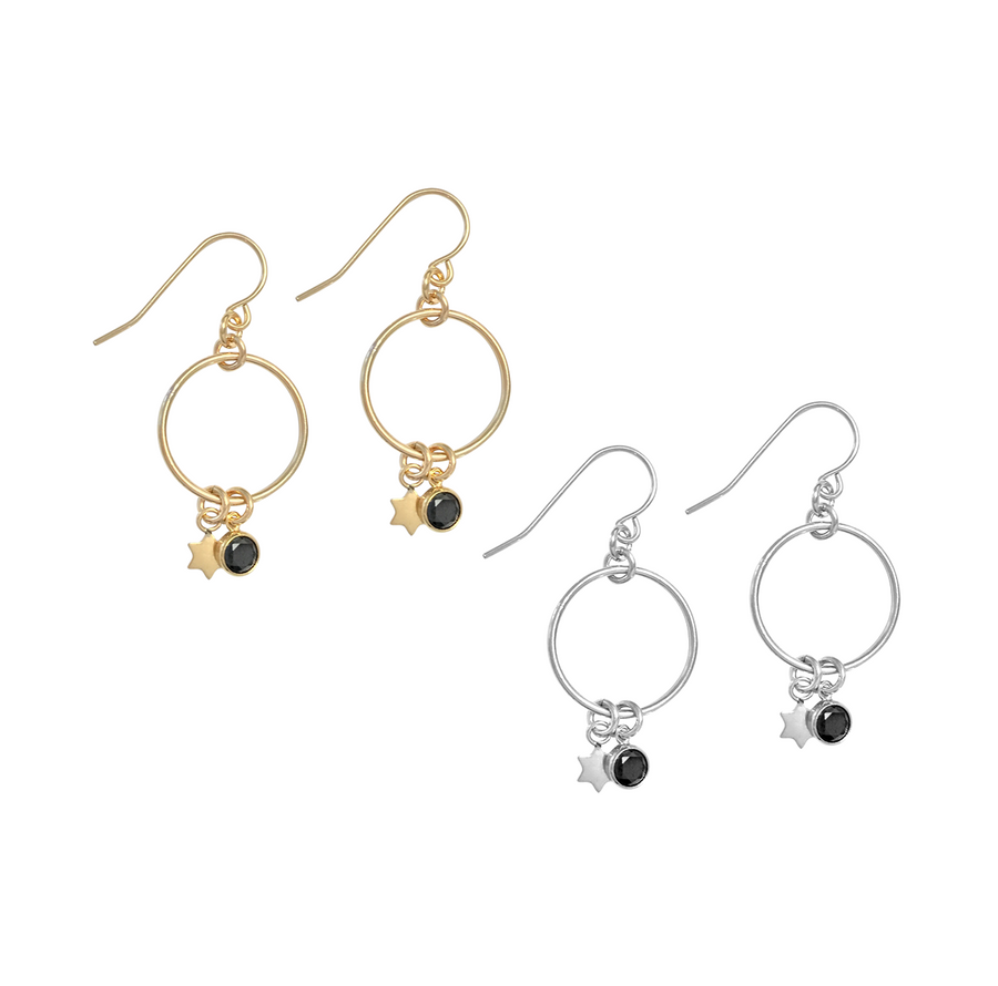 Bella Earrings with Star and Black Crystal in Gold,Silver